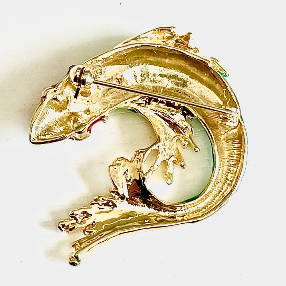 SOLD | Vintage Koi Fish Brooch Green Red Gold Enamel Rhinestone Statement Pin - Picture 7 of 11